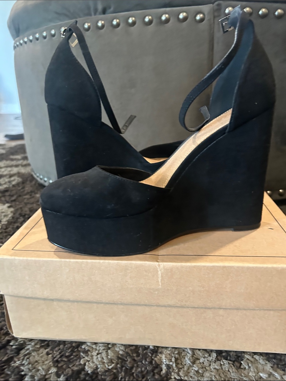 ASOS Black Suede Platform Ankle-Strap Wedge Heels